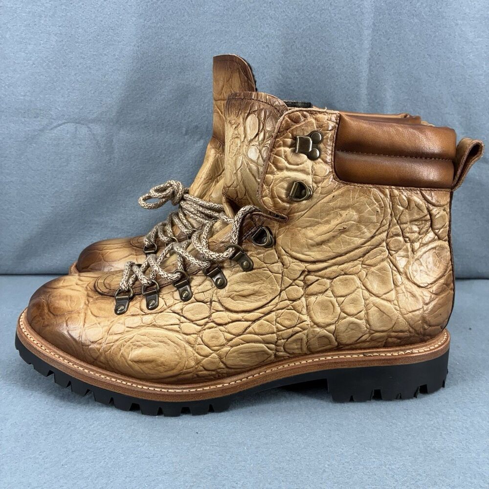 TAFT Croc Embossed Leather Hiker Boots Men US 12 EU 46 Vibram Spain The Viking